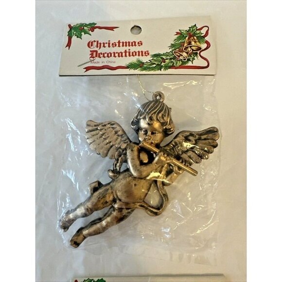 4 Vintage Christmas Ornaments Gold Cherubs Angels 4” Playing Musical Instruments - Picture 2 of 6